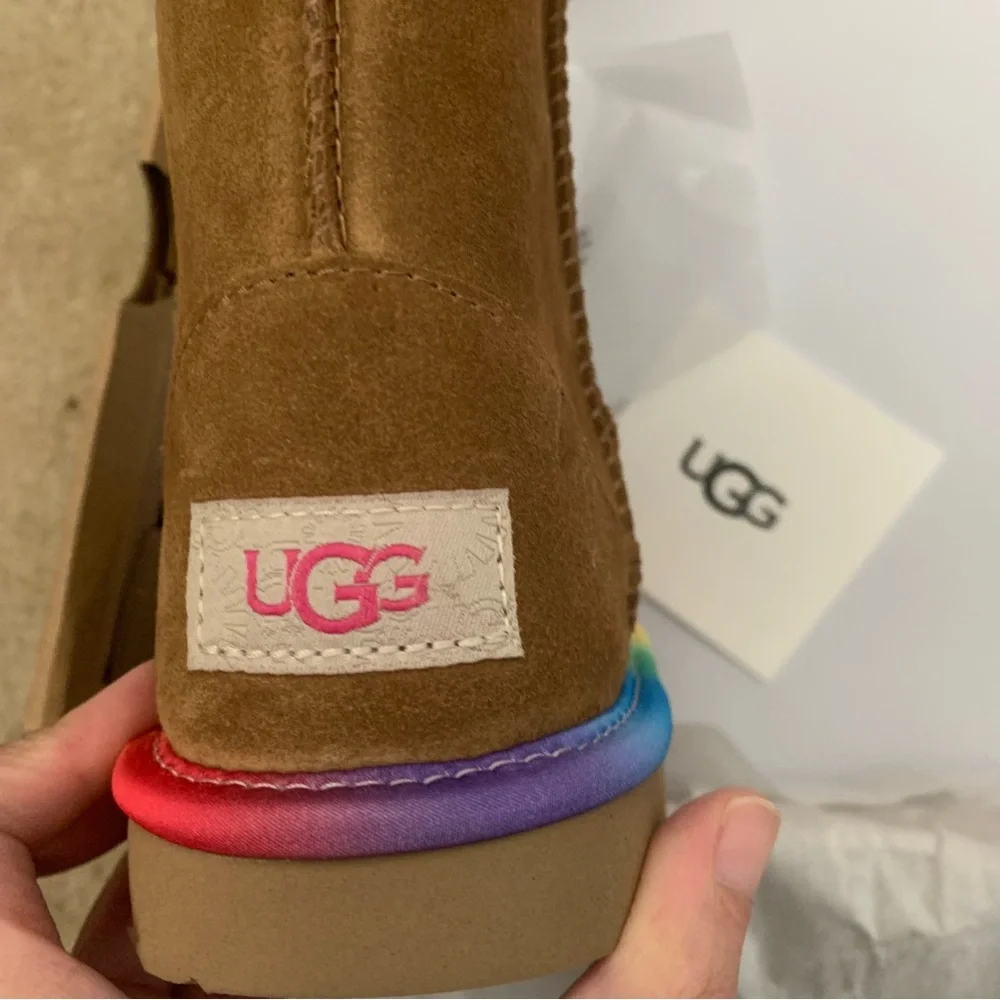 UGG Kids Chestnut Suede Boots with Rainbow Sole Trim
